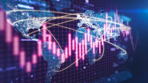 Stock market chart on a glowing particle world map with connection network