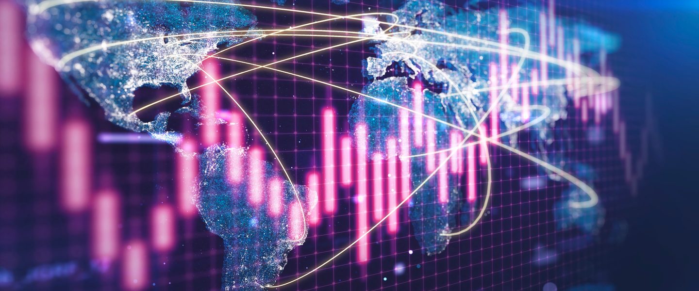 Stock market chart on a glowing particle world map with connection network